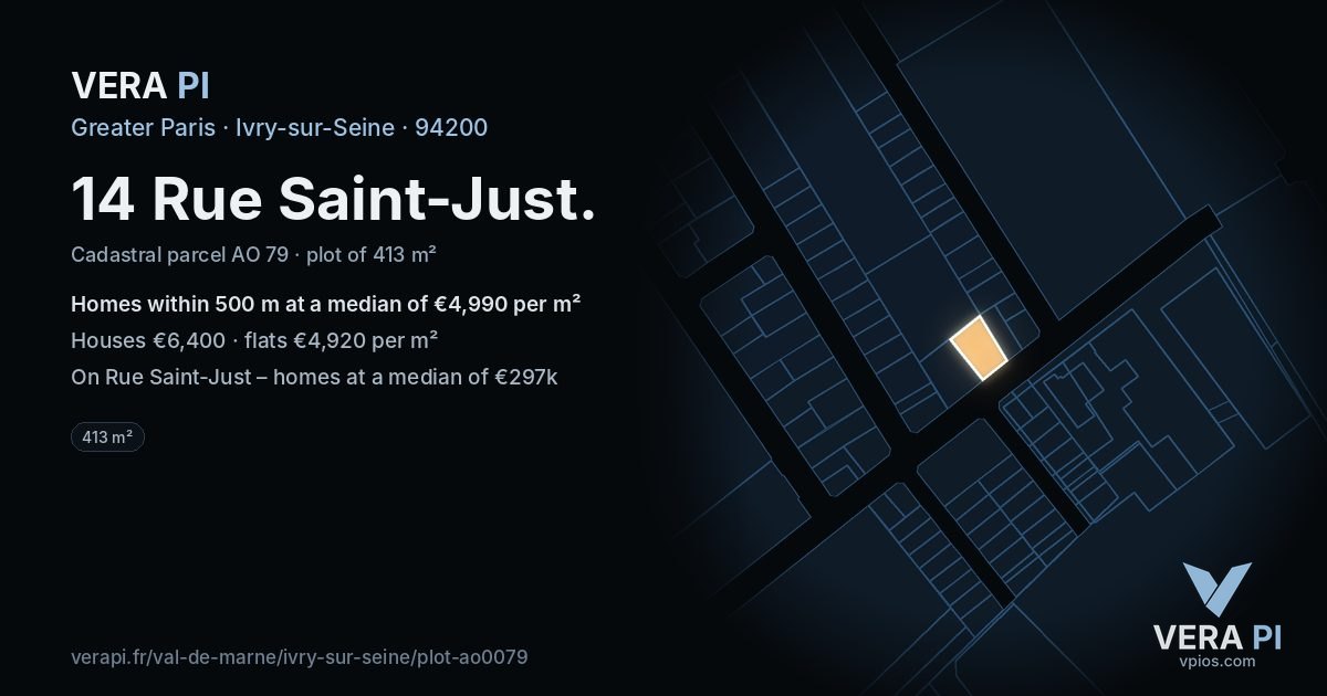 14 Rue Saint-Just, Ivry-sur-Seine at night – the plot lit, the parcels around coloured by the prices near them