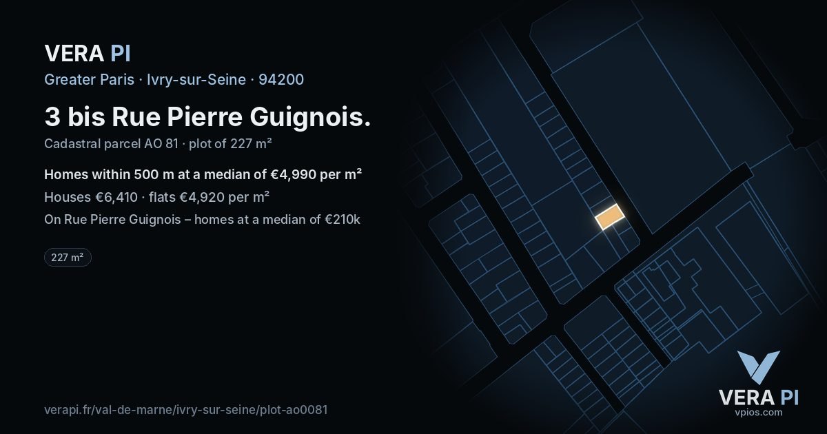 3 bis Rue Pierre Guignois, Ivry-sur-Seine at night – the plot lit, the parcels around coloured by the prices near them