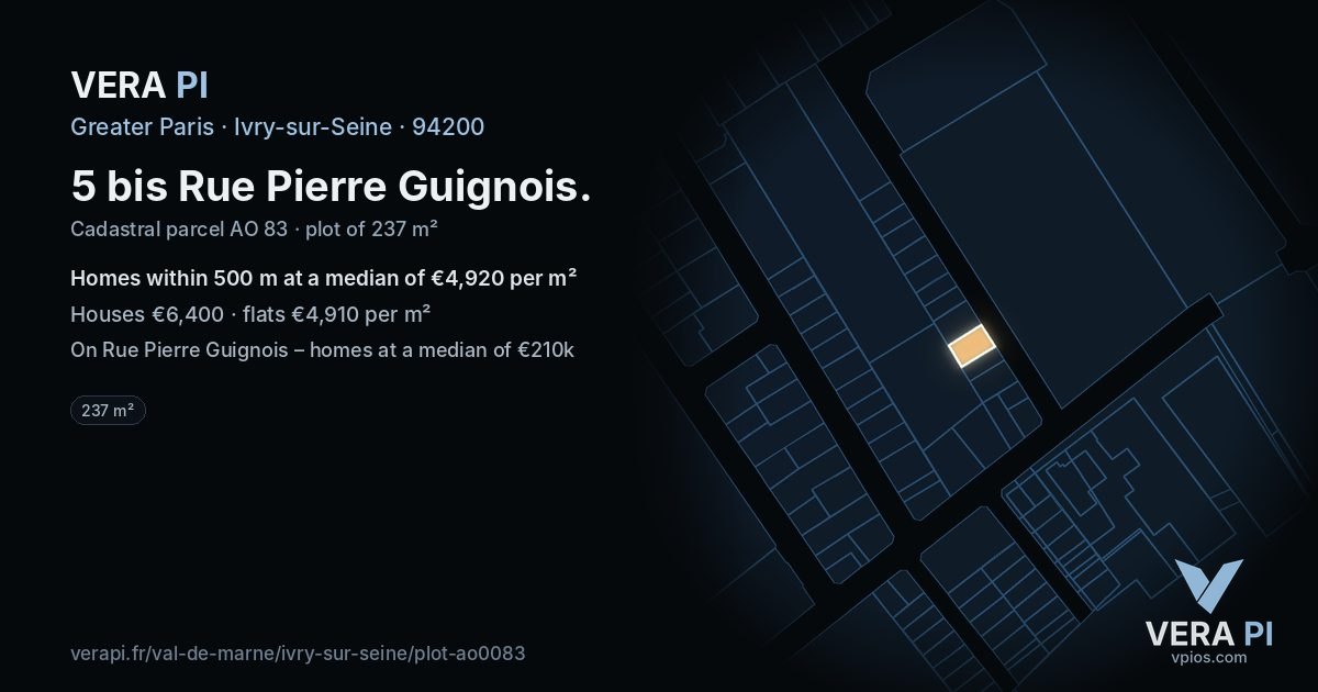 5 bis Rue Pierre Guignois, Ivry-sur-Seine at night – the plot lit, the parcels around coloured by the prices near them
