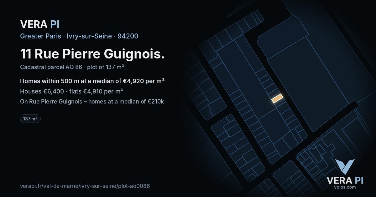 11 Rue Pierre Guignois, Ivry-sur-Seine at night – the plot lit, the parcels around coloured by the prices near them