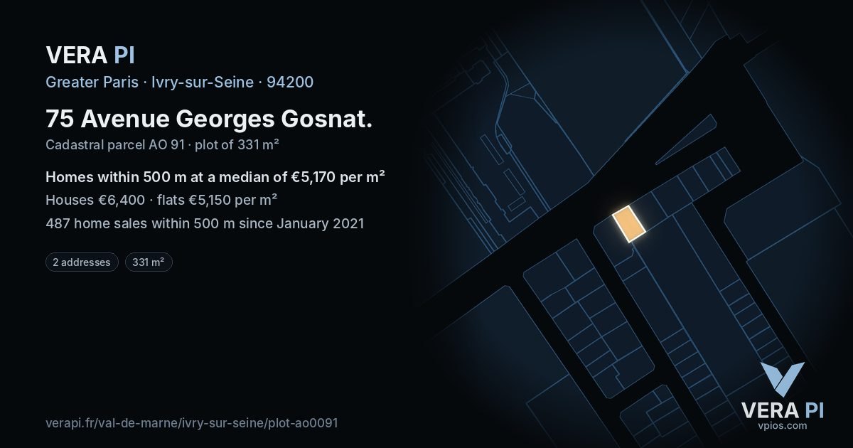 75 Avenue Georges Gosnat, Ivry-sur-Seine at night – the plot lit, the parcels around coloured by the prices near them