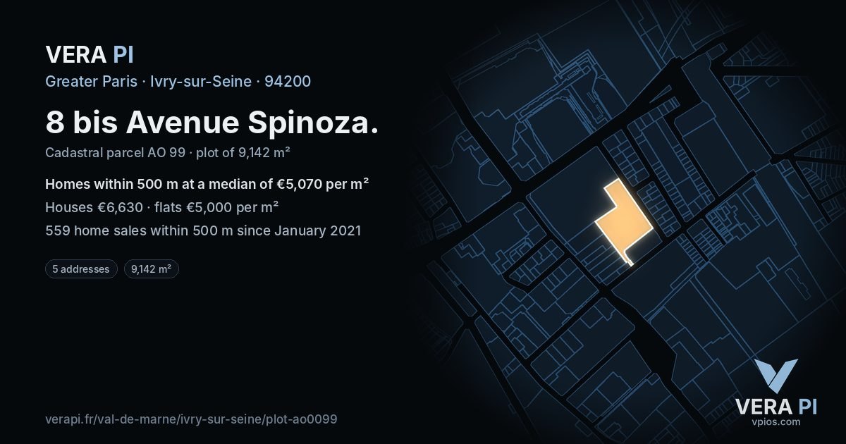 8 bis Avenue Spinoza, Ivry-sur-Seine at night – the plot lit, the parcels around coloured by the prices near them