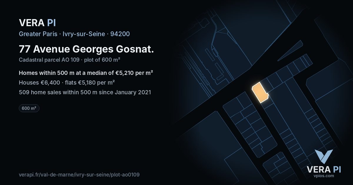 77 Avenue Georges Gosnat, Ivry-sur-Seine at night – the plot lit, the parcels around coloured by the prices near them