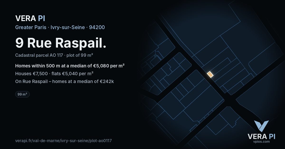 9 Rue Raspail, Ivry-sur-Seine at night – the plot lit, the parcels around coloured by the prices near them