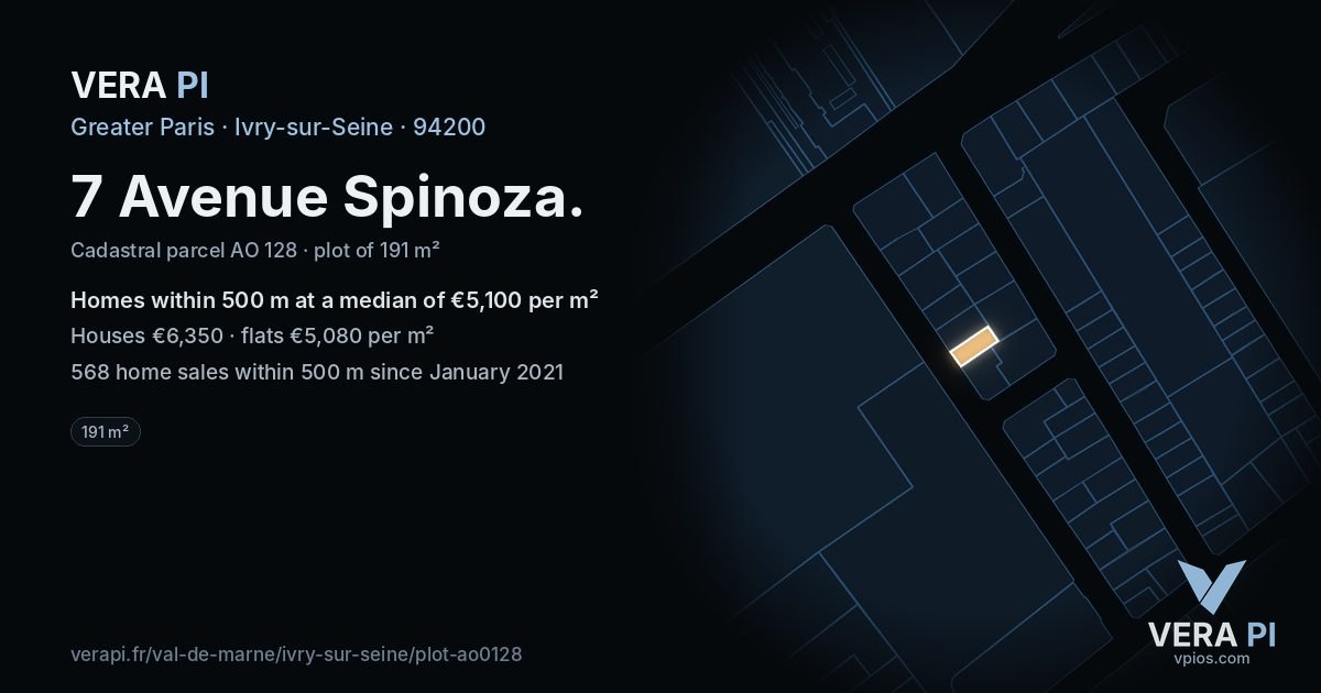 7 Avenue Spinoza, Ivry-sur-Seine at night – the plot lit, the parcels around coloured by the prices near them