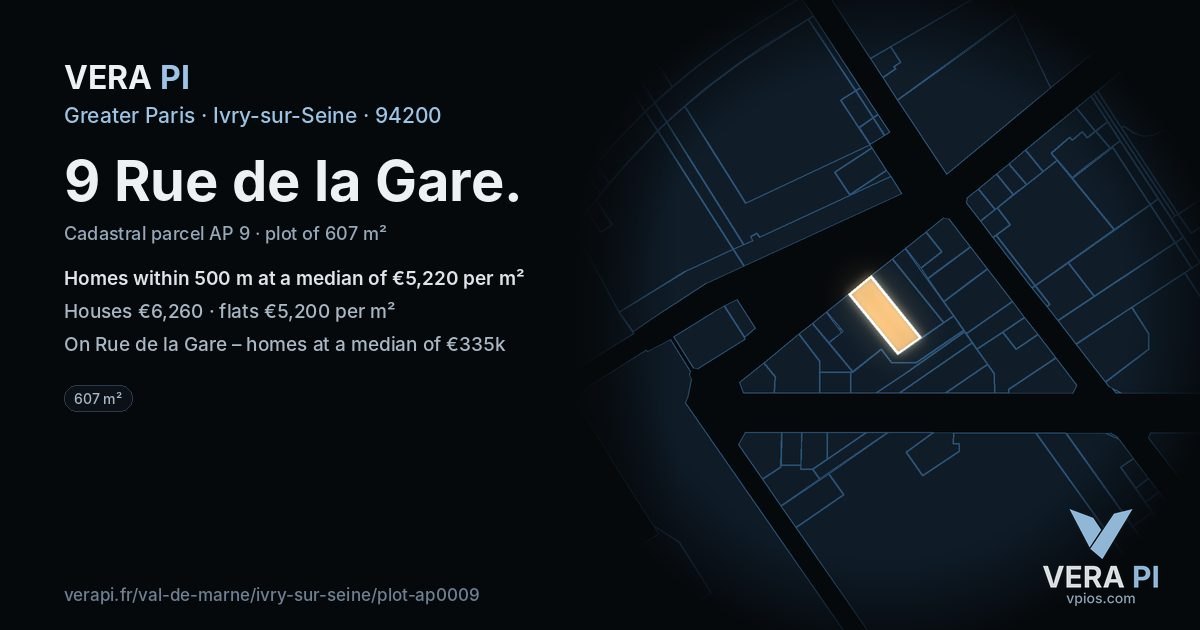 9 Rue de la Gare, Ivry-sur-Seine at night – the plot lit, the parcels around coloured by the prices near them