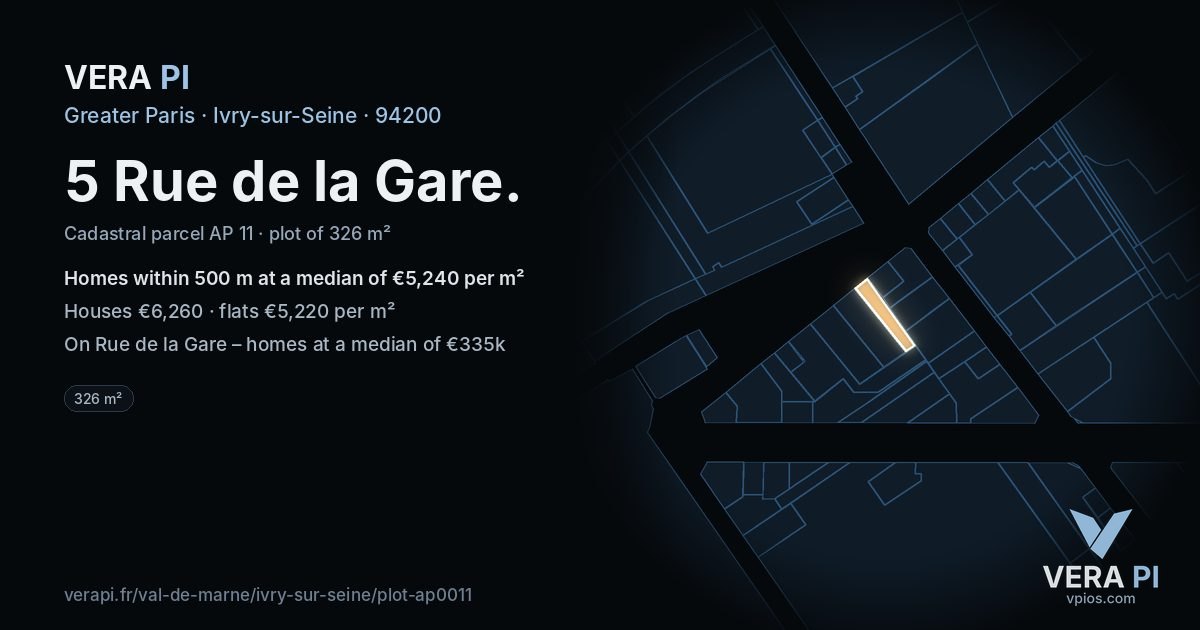 5 Rue de la Gare, Ivry-sur-Seine at night – the plot lit, the parcels around coloured by the prices near them