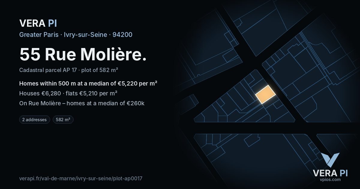 55 Rue Molière, Ivry-sur-Seine at night – the plot lit, the parcels around coloured by the prices near them