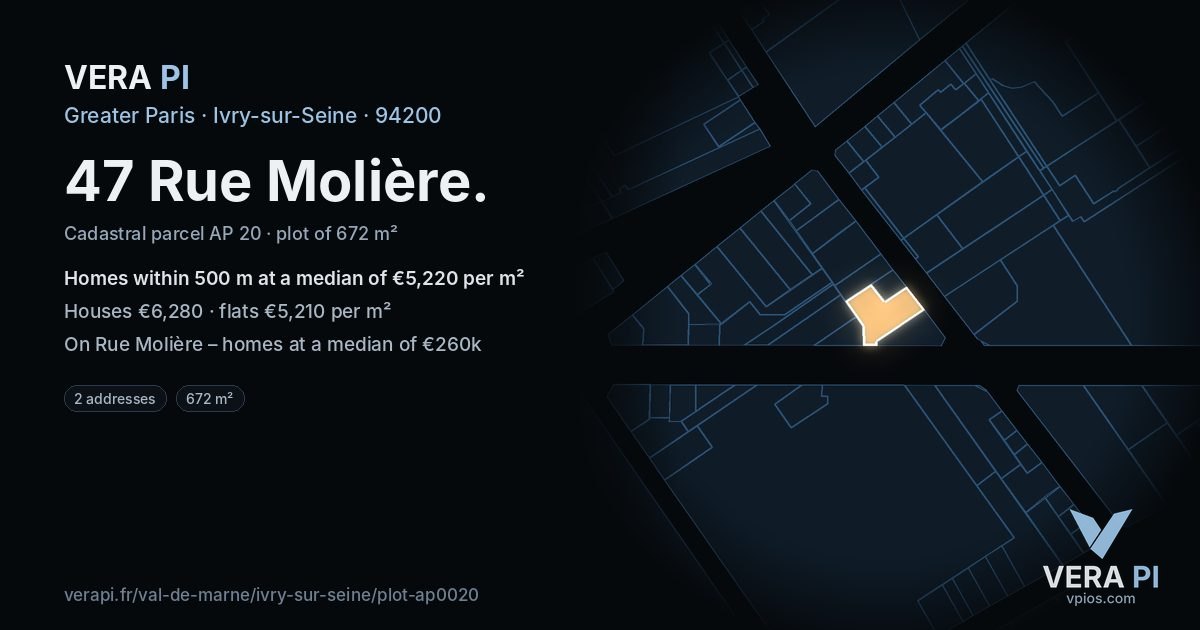 47 Rue Molière, Ivry-sur-Seine at night – the plot lit, the parcels around coloured by the prices near them