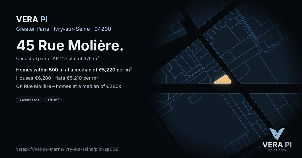 45 Rue Molière, Ivry-sur-Seine at night – the plot lit, the parcels around coloured by the prices near them