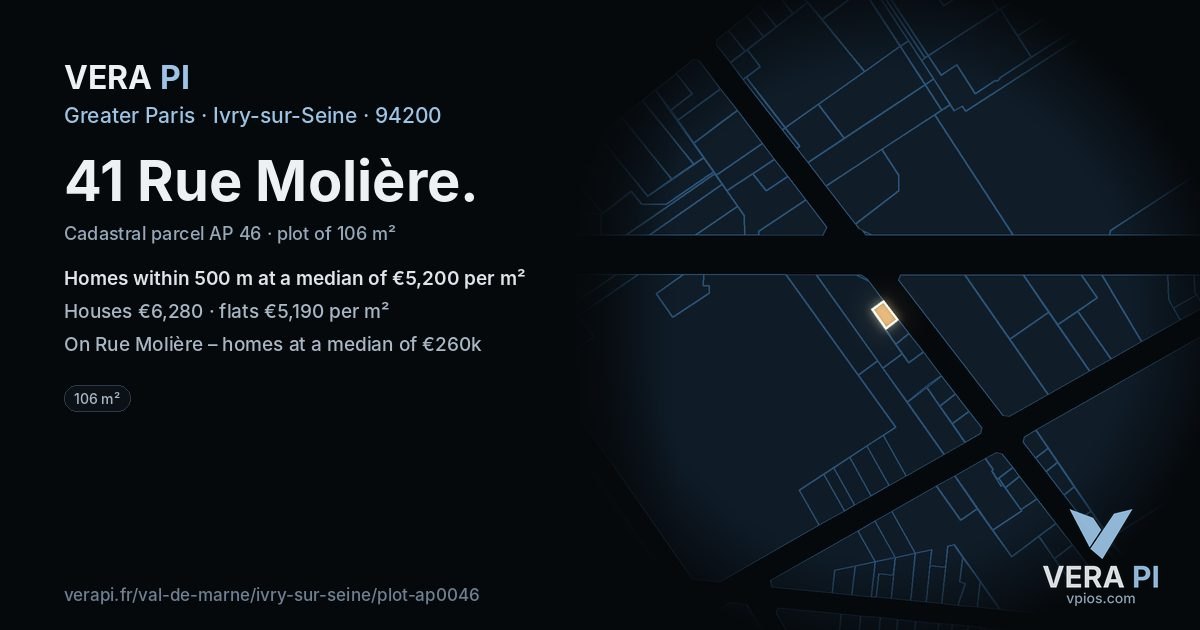 41 Rue Molière, Ivry-sur-Seine at night – the plot lit, the parcels around coloured by the prices near them