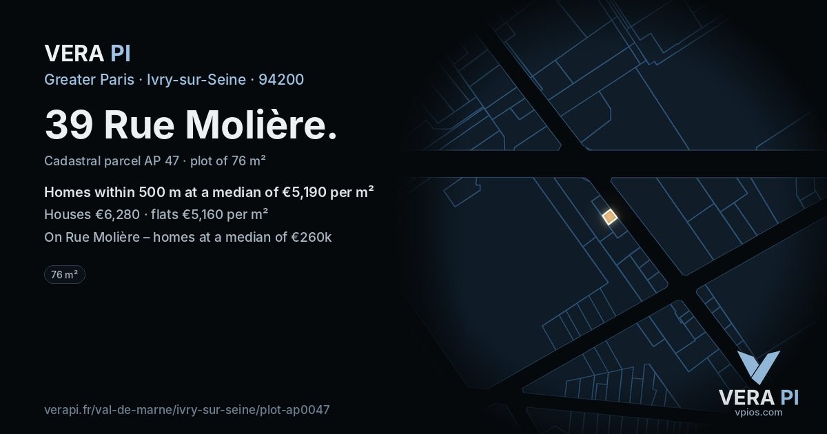 39 Rue Molière, Ivry-sur-Seine at night – the plot lit, the parcels around coloured by the prices near them
