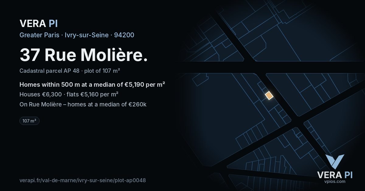 37 Rue Molière, Ivry-sur-Seine at night – the plot lit, the parcels around coloured by the prices near them