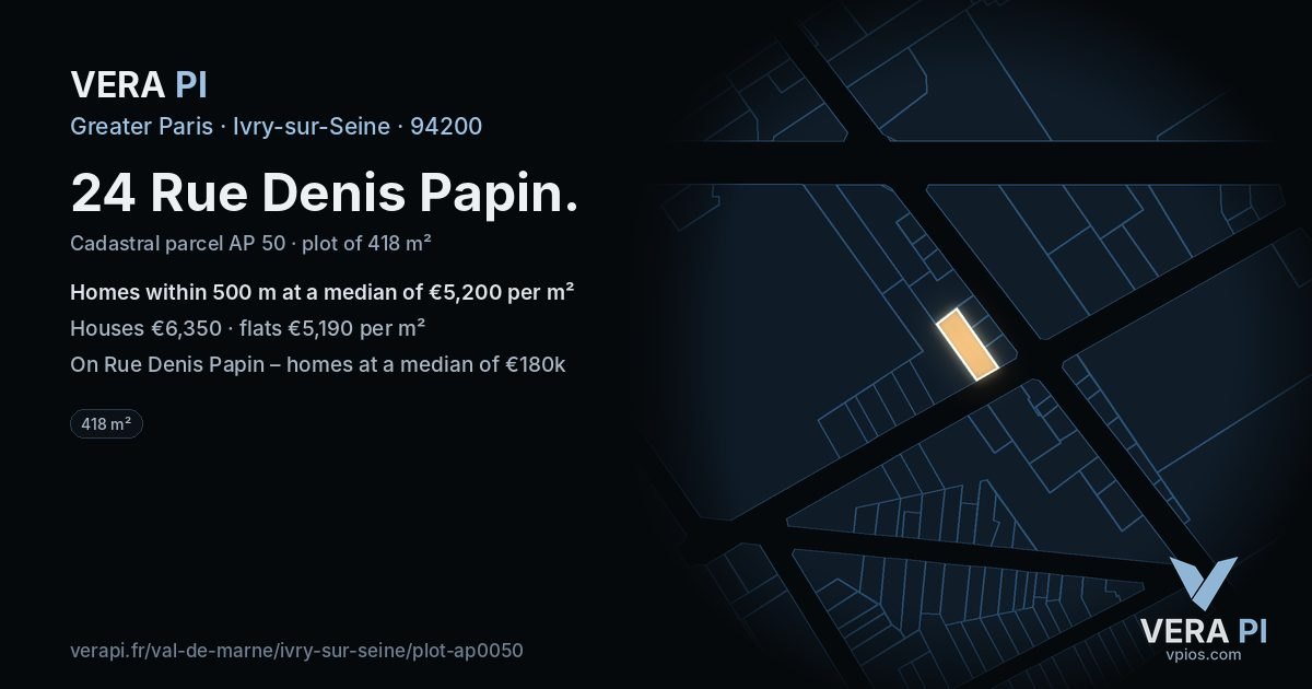 24 Rue Denis Papin, Ivry-sur-Seine at night – the plot lit, the parcels around coloured by the prices near them