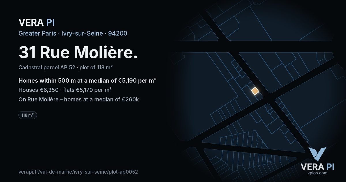 31 Rue Molière, Ivry-sur-Seine at night – the plot lit, the parcels around coloured by the prices near them