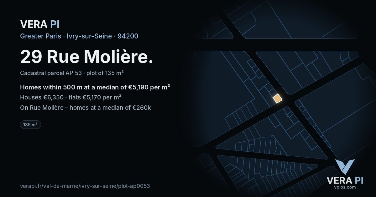 29 Rue Molière, Ivry-sur-Seine at night – the plot lit, the parcels around coloured by the prices near them
