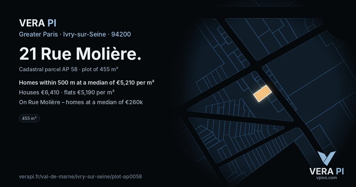21 Rue Molière, Ivry-sur-Seine at night – the plot lit, the parcels around coloured by the prices near them