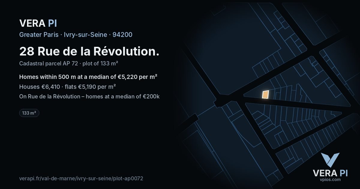 28 Rue de la Révolution, Ivry-sur-Seine at night – the plot lit, the parcels around coloured by the prices near them