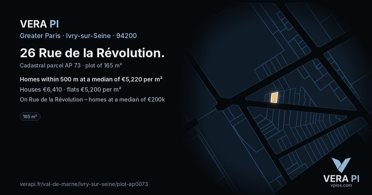 26 Rue de la Révolution, Ivry-sur-Seine at night – the plot lit, the parcels around coloured by the prices near them