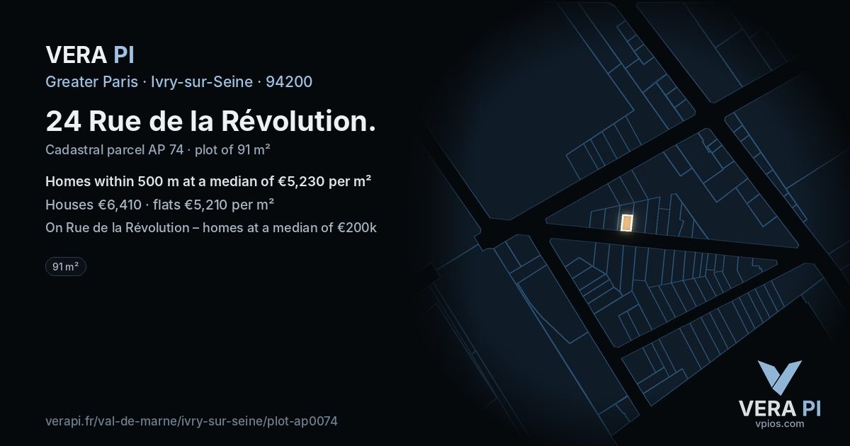 24 Rue de la Révolution, Ivry-sur-Seine at night – the plot lit, the parcels around coloured by the prices near them