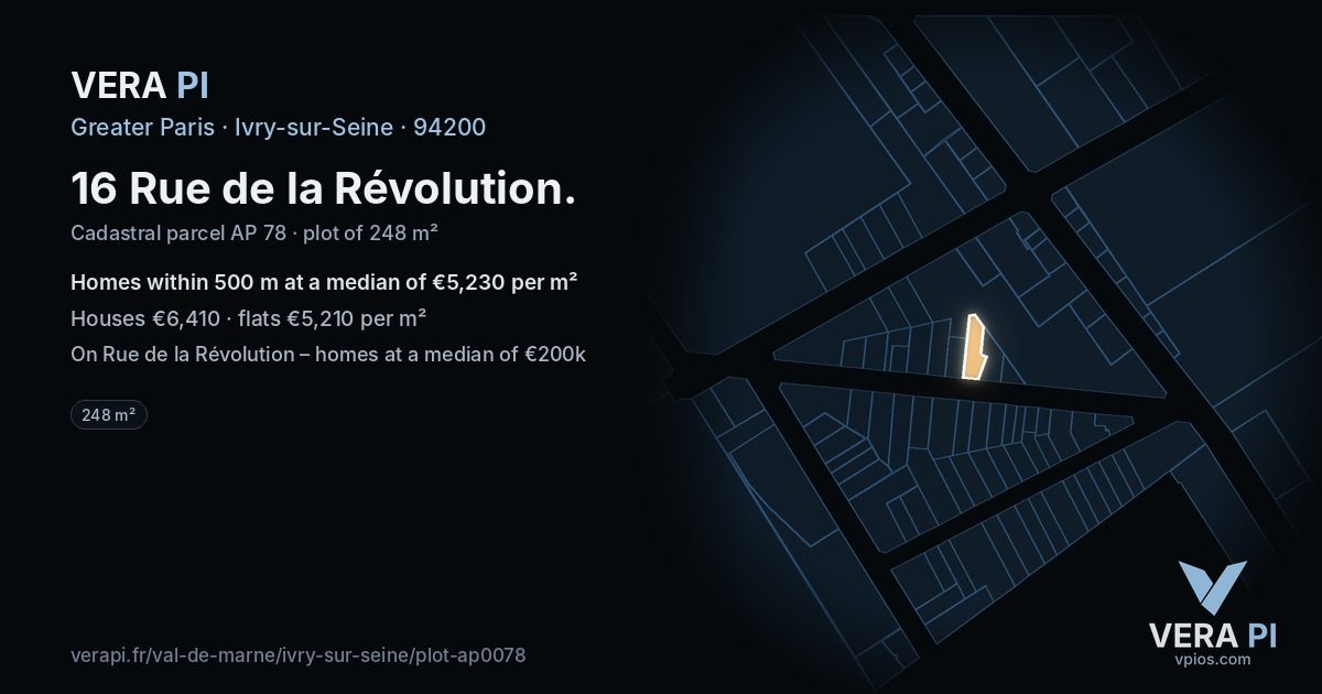 16 Rue de la Révolution, Ivry-sur-Seine at night – the plot lit, the parcels around coloured by the prices near them