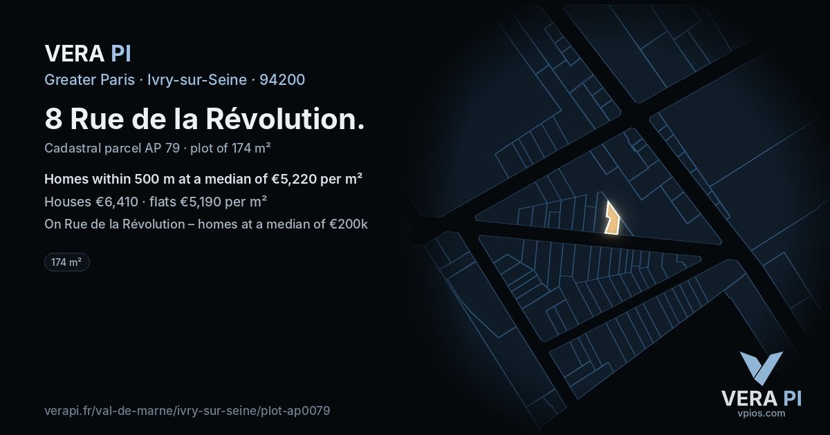 8 Rue de la Révolution, Ivry-sur-Seine at night – the plot lit, the parcels around coloured by the prices near them