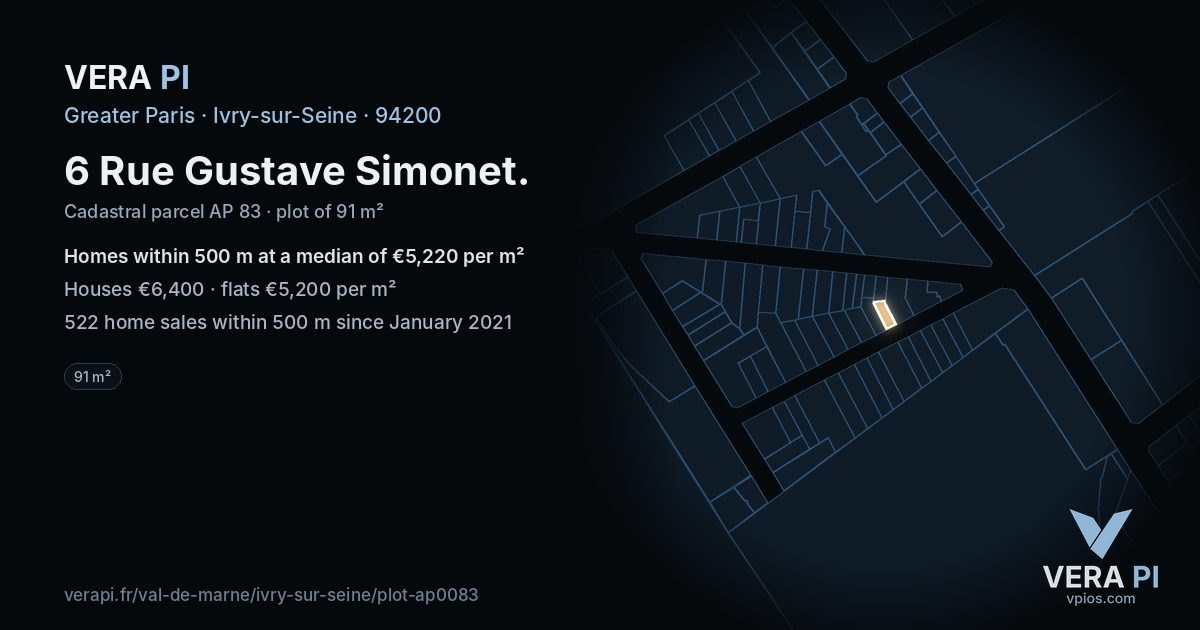 6 Rue Gustave Simonet, Ivry-sur-Seine at night – the plot lit, the parcels around coloured by the prices near them