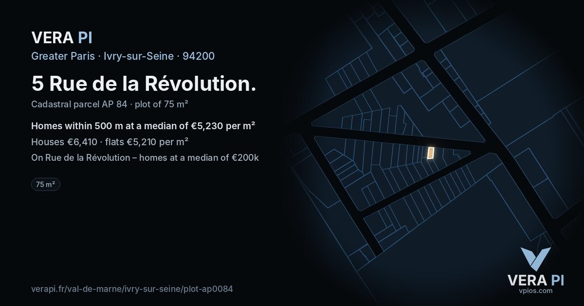 5 Rue de la Révolution, Ivry-sur-Seine at night – the plot lit, the parcels around coloured by the prices near them