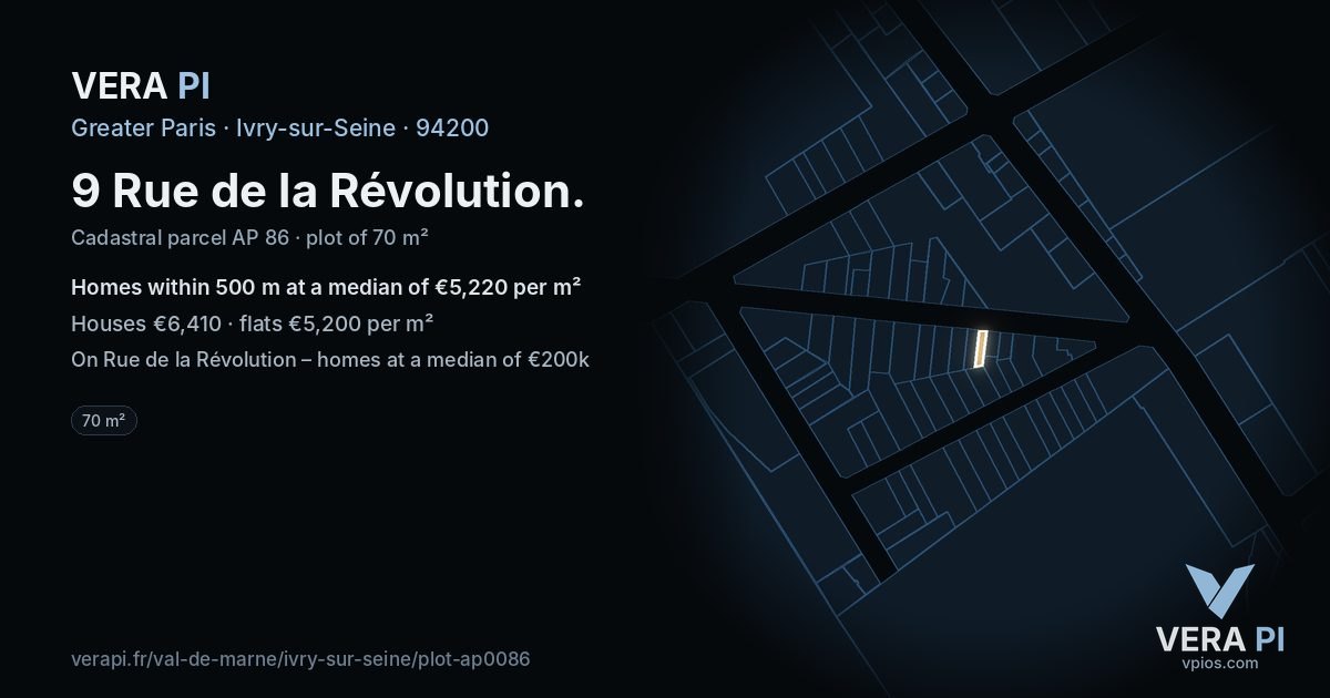 9 Rue de la Révolution, Ivry-sur-Seine at night – the plot lit, the parcels around coloured by the prices near them