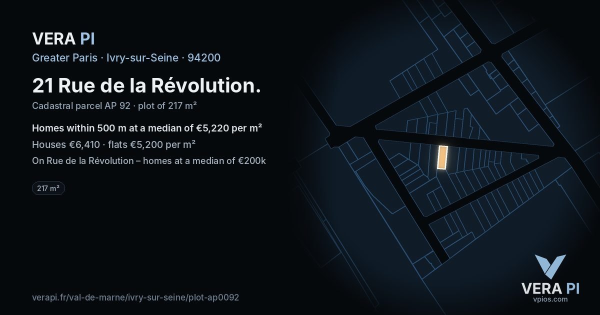 21 Rue de la Révolution, Ivry-sur-Seine at night – the plot lit, the parcels around coloured by the prices near them
