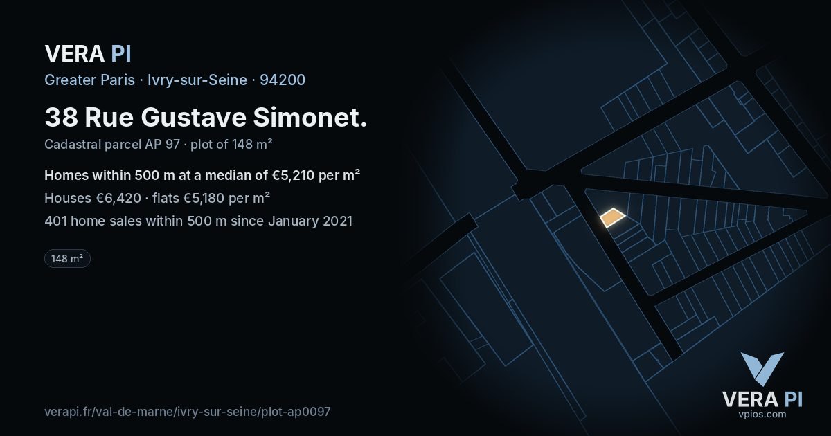 38 Rue Gustave Simonet, Ivry-sur-Seine at night – the plot lit, the parcels around coloured by the prices near them