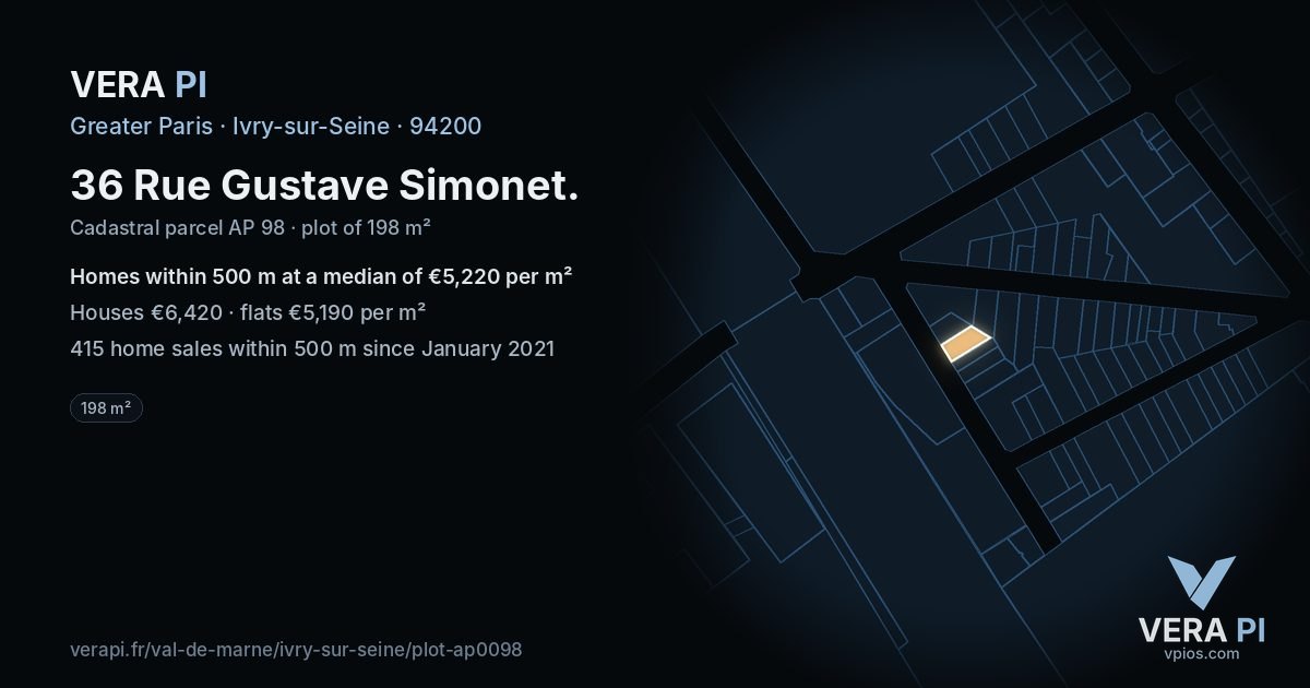 36 Rue Gustave Simonet, Ivry-sur-Seine at night – the plot lit, the parcels around coloured by the prices near them