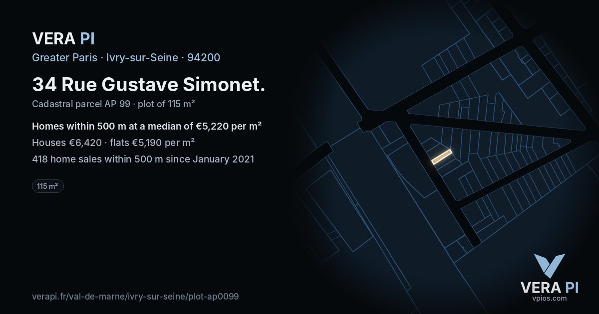 34 Rue Gustave Simonet, Ivry-sur-Seine at night – the plot lit, the parcels around coloured by the prices near them