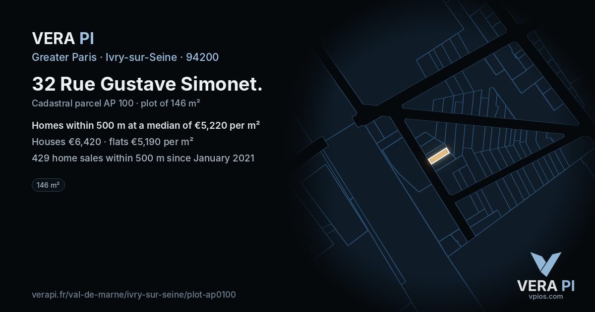 32 Rue Gustave Simonet, Ivry-sur-Seine at night – the plot lit, the parcels around coloured by the prices near them