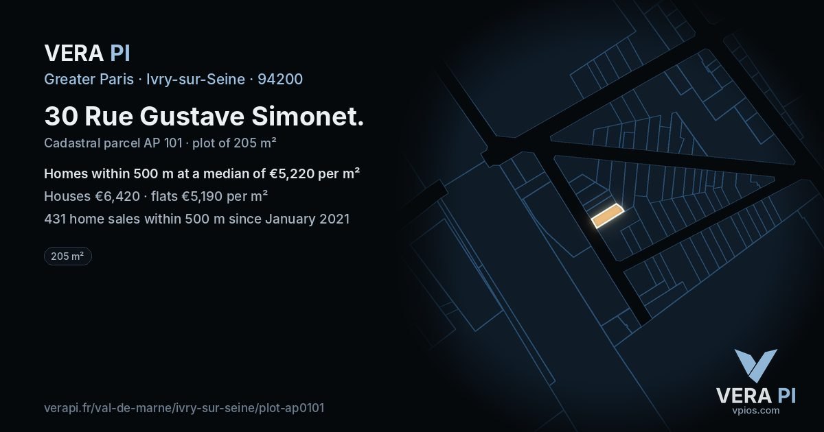 30 Rue Gustave Simonet, Ivry-sur-Seine at night – the plot lit, the parcels around coloured by the prices near them