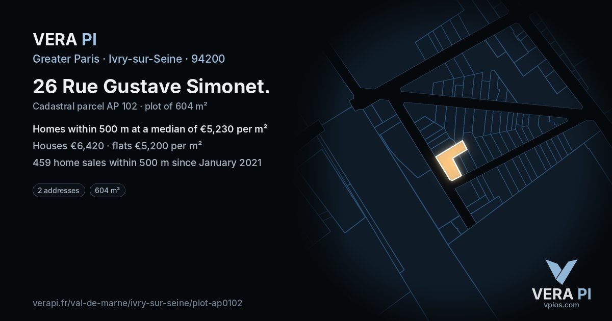 26 Rue Gustave Simonet, Ivry-sur-Seine at night – the plot lit, the parcels around coloured by the prices near them