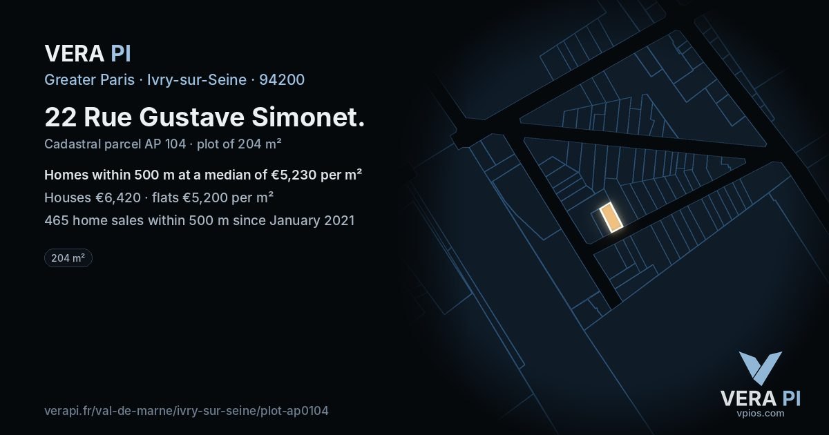 22 Rue Gustave Simonet, Ivry-sur-Seine at night – the plot lit, the parcels around coloured by the prices near them