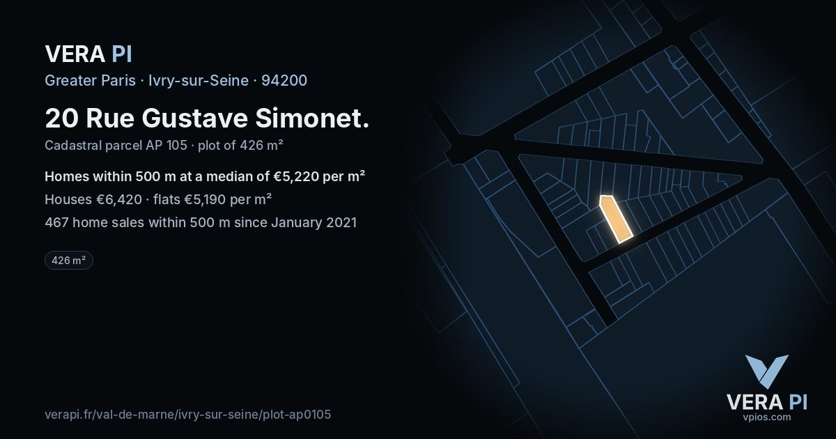20 Rue Gustave Simonet, Ivry-sur-Seine at night – the plot lit, the parcels around coloured by the prices near them