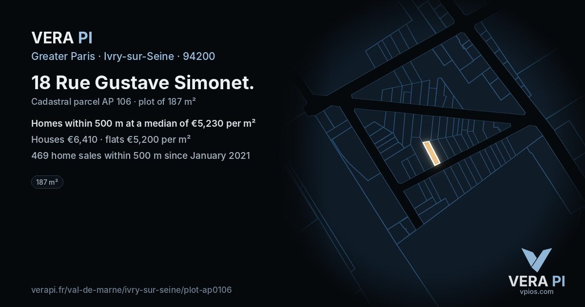 18 Rue Gustave Simonet, Ivry-sur-Seine at night – the plot lit, the parcels around coloured by the prices near them