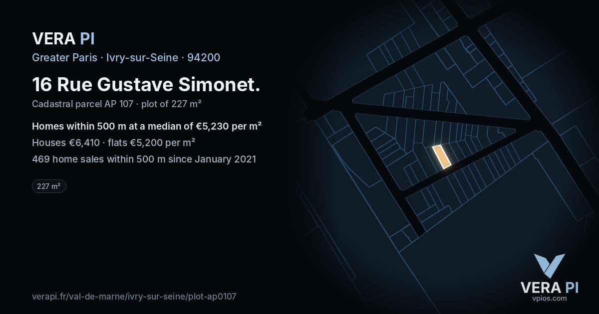 16 Rue Gustave Simonet, Ivry-sur-Seine at night – the plot lit, the parcels around coloured by the prices near them