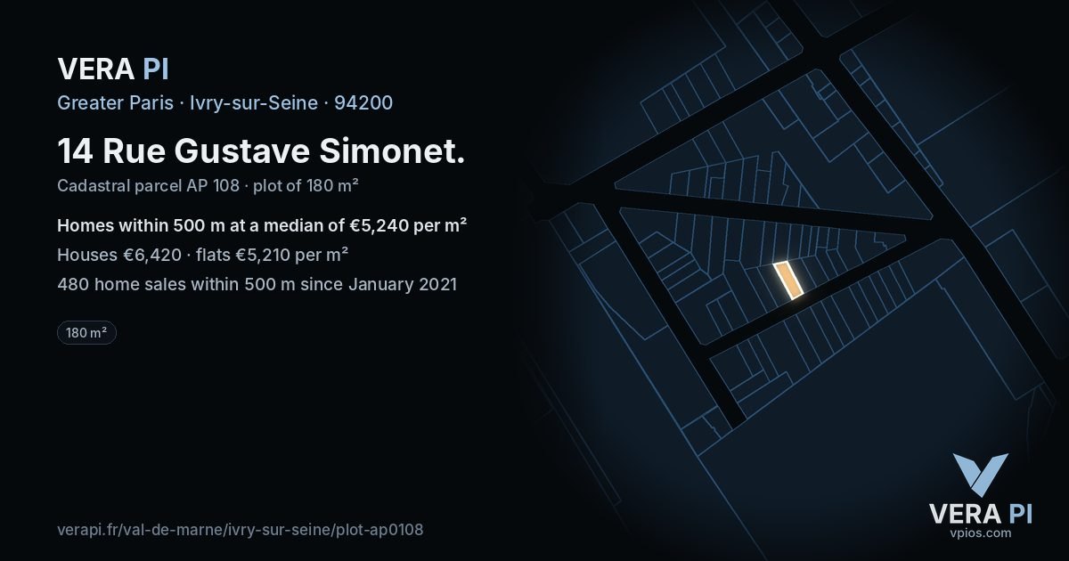 14 Rue Gustave Simonet, Ivry-sur-Seine at night – the plot lit, the parcels around coloured by the prices near them