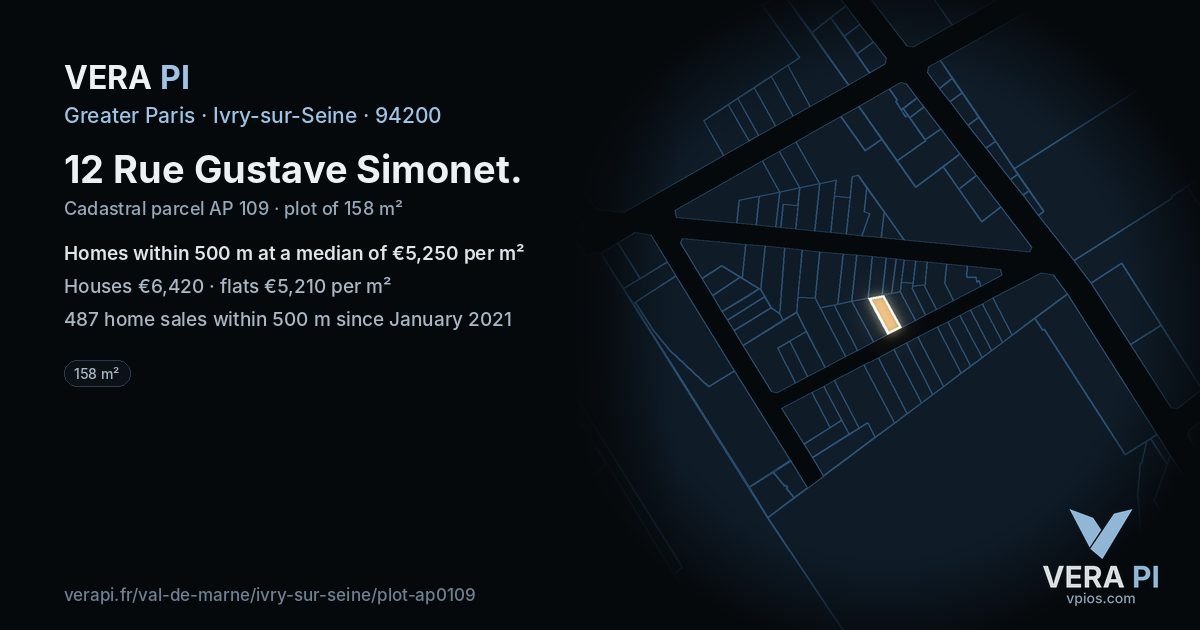 12 Rue Gustave Simonet, Ivry-sur-Seine at night – the plot lit, the parcels around coloured by the prices near them