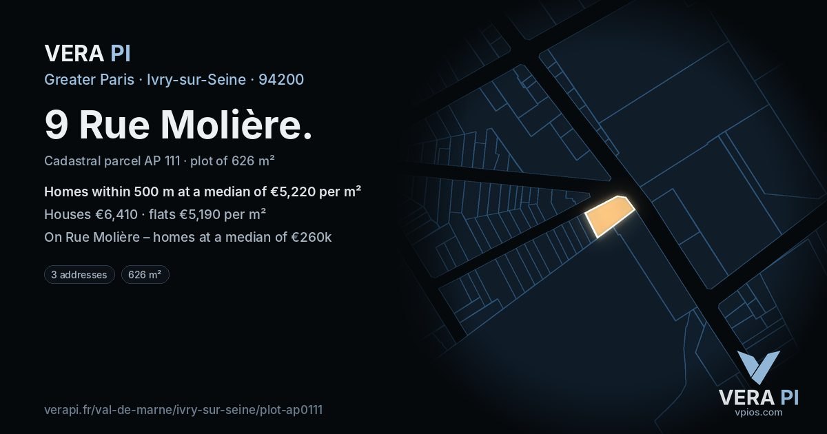 9 Rue Molière, Ivry-sur-Seine at night – the plot lit, the parcels around coloured by the prices near them