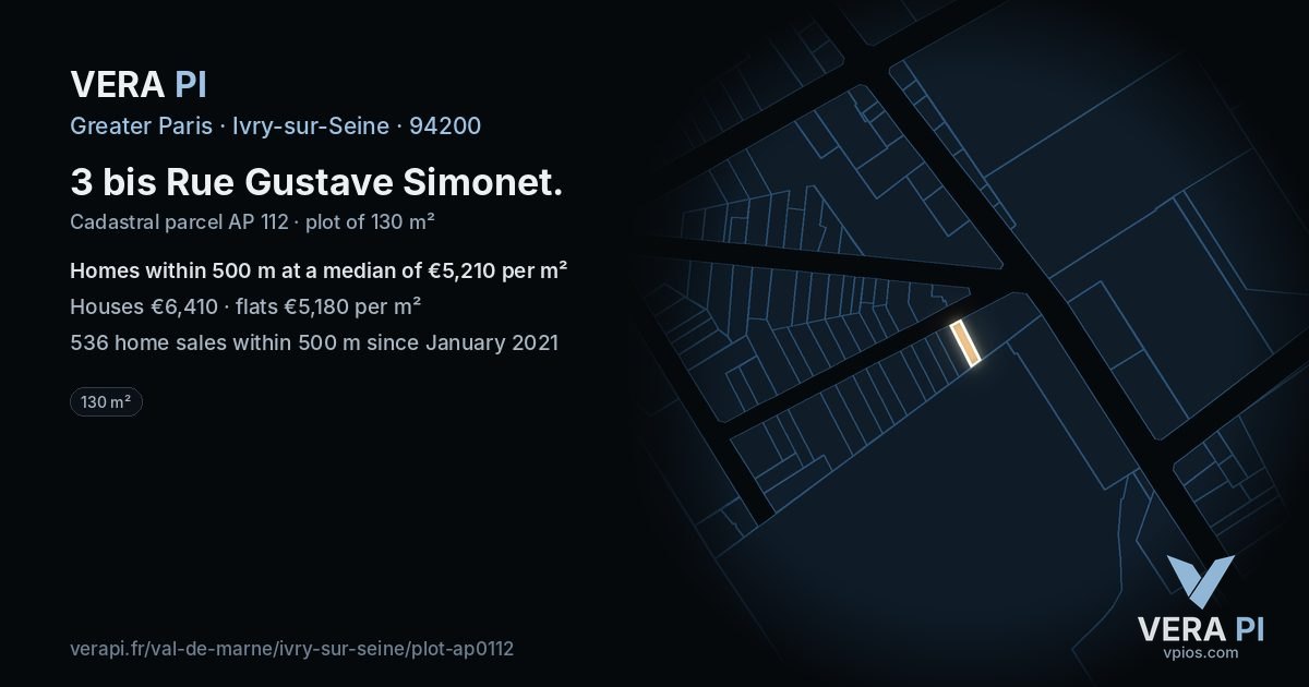 3 bis Rue Gustave Simonet, Ivry-sur-Seine at night – the plot lit, the parcels around coloured by the prices near them