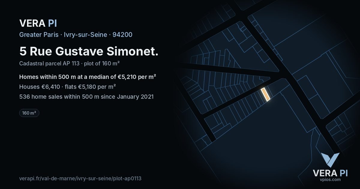5 Rue Gustave Simonet, Ivry-sur-Seine at night – the plot lit, the parcels around coloured by the prices near them