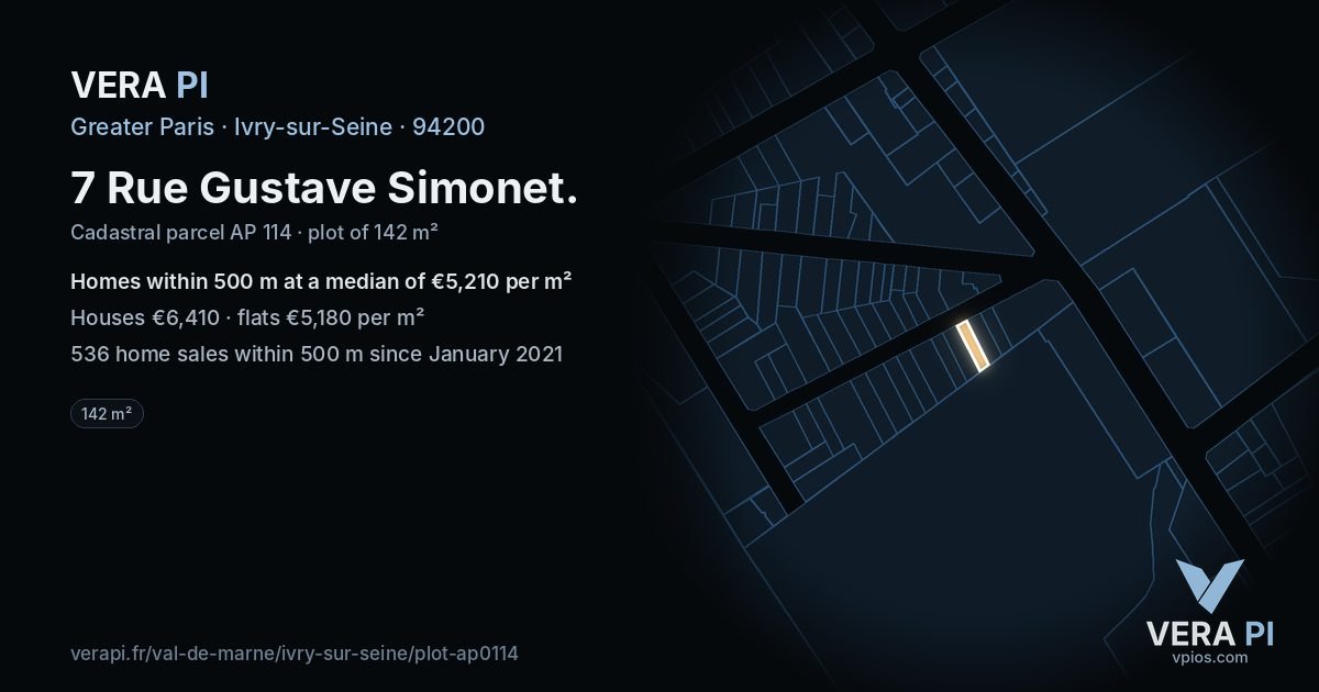 7 Rue Gustave Simonet, Ivry-sur-Seine at night – the plot lit, the parcels around coloured by the prices near them