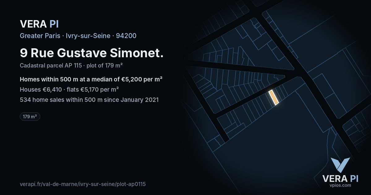 9 Rue Gustave Simonet, Ivry-sur-Seine at night – the plot lit, the parcels around coloured by the prices near them