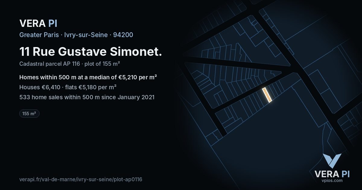 11 Rue Gustave Simonet, Ivry-sur-Seine at night – the plot lit, the parcels around coloured by the prices near them