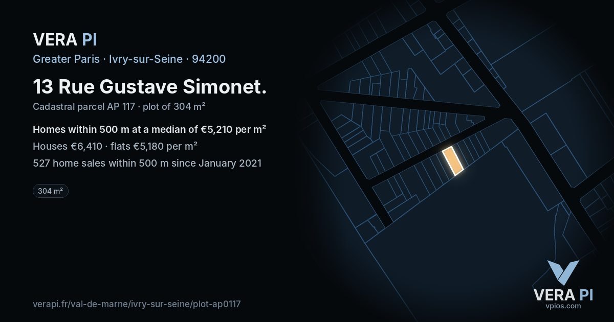 13 Rue Gustave Simonet, Ivry-sur-Seine at night – the plot lit, the parcels around coloured by the prices near them