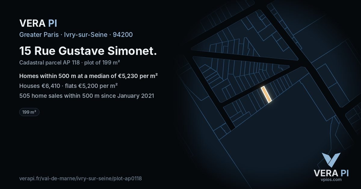 15 Rue Gustave Simonet, Ivry-sur-Seine at night – the plot lit, the parcels around coloured by the prices near them